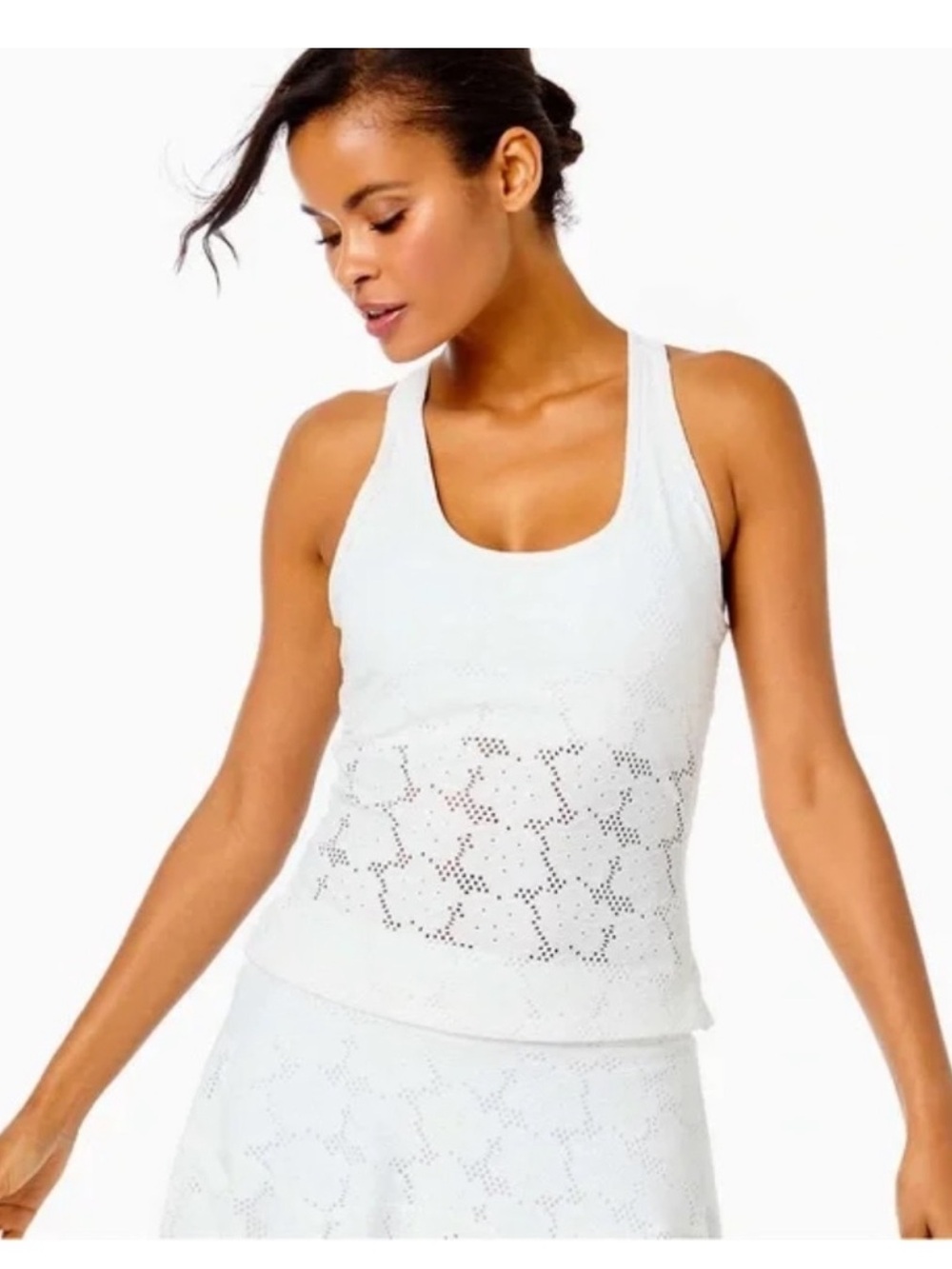 Lilly Pulitzer Luxletic Asana Bra Tank in White Floral Stretch Eyelet Jacquard